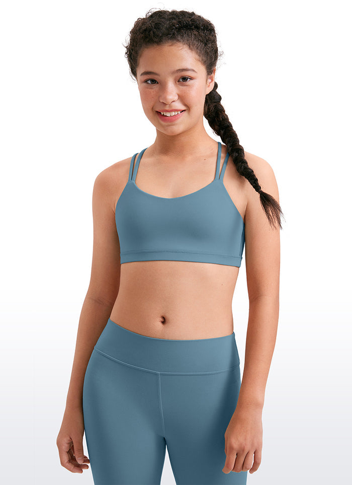CRZ YOGA Girls Molded Cups Spaghetti Strappy Sports Bra Criss Cross Blue Ashes