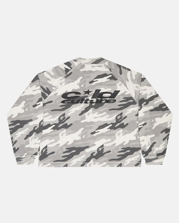 CAMO THERMAL LONGSLEEVE TEE GREY - grey camo longsleeve tee, back view - Cold Culture
