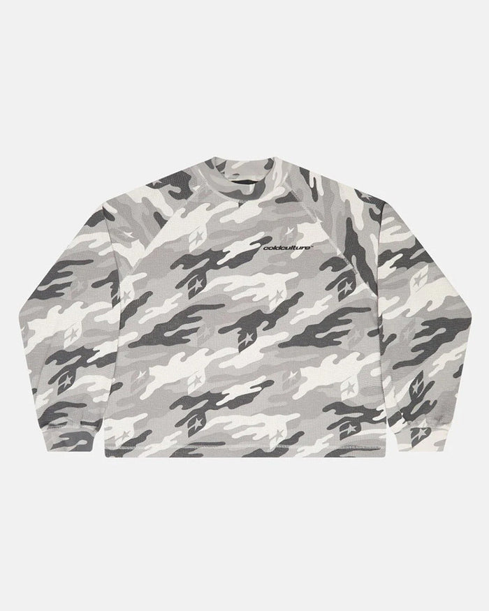 CAMO THERMAL LONGSLEEVE TEE GREY - grey camo longsleeve tee, front view - Cold Culture