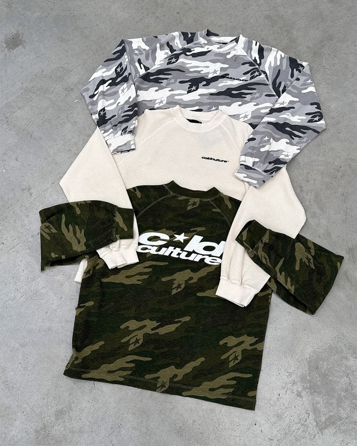 CAMO THERMAL LONGSLEEVE TEE GREEN - green camo longsleeve tee, flat lay with matching pieces - Cold Culture