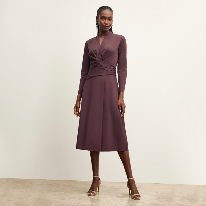 front image of a woman wearing the carly dress in grape | Lead