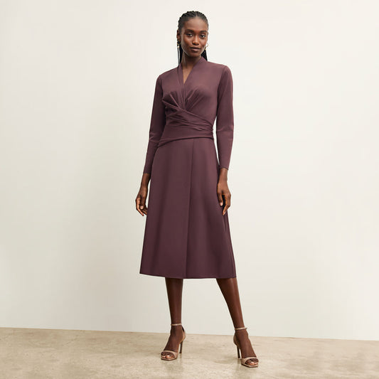 front image of a woman wearing the carly dress in grape | Lead