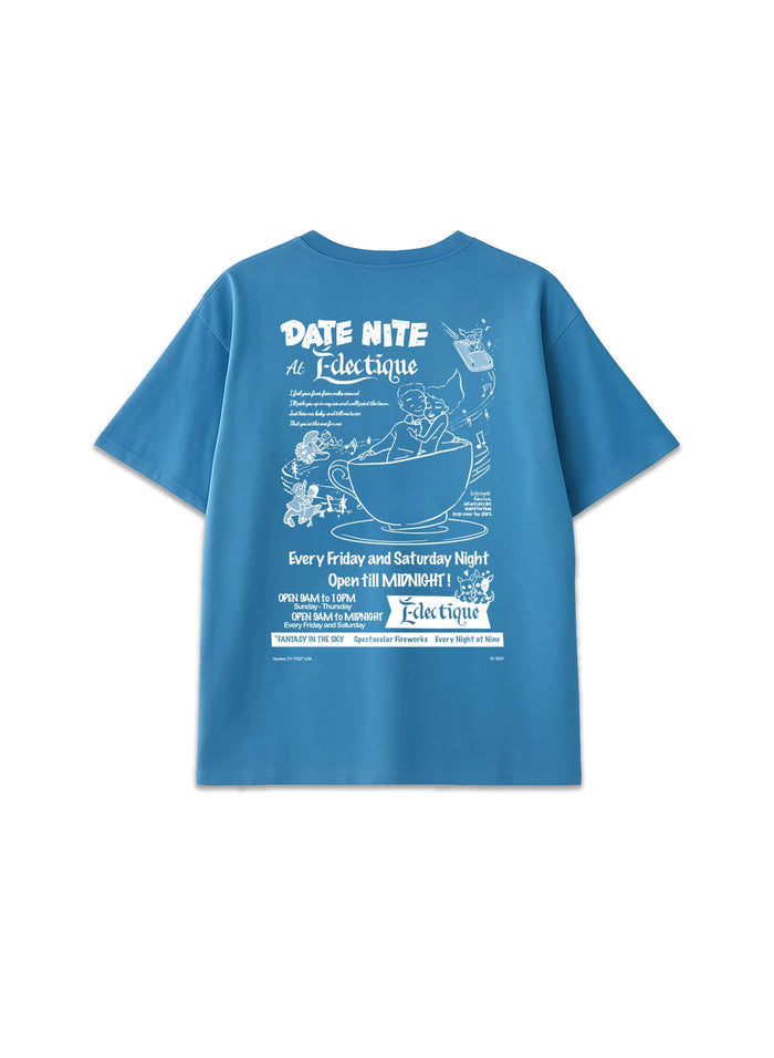Carolina Blue Date Night T-shirt featuring a playful graphic design on the back with date night details.