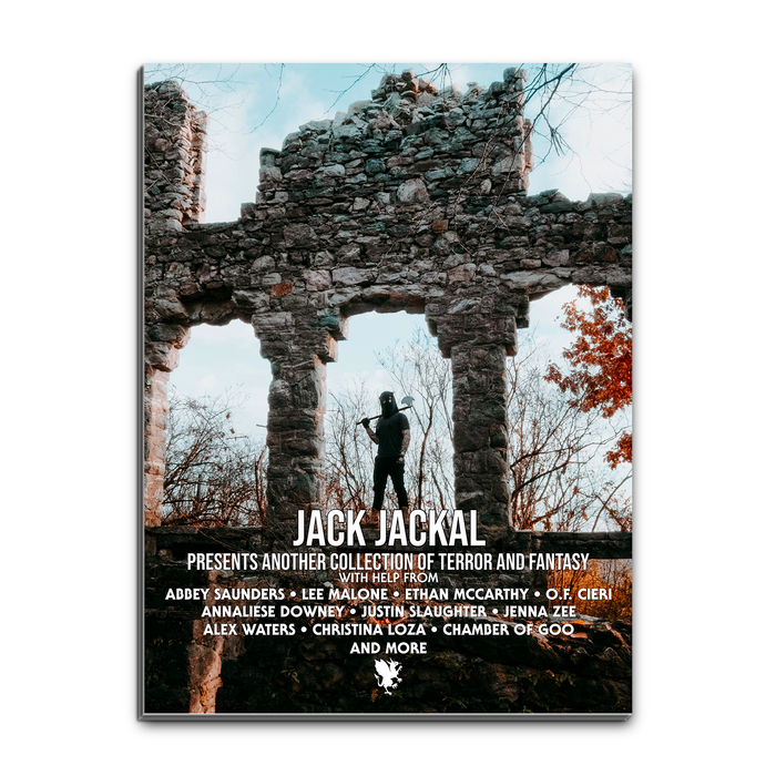 A person stands in stone ruins with bare trees behind. Text: Castle Jackal unveils a new horror and fantasy collection, followed by contributor names.