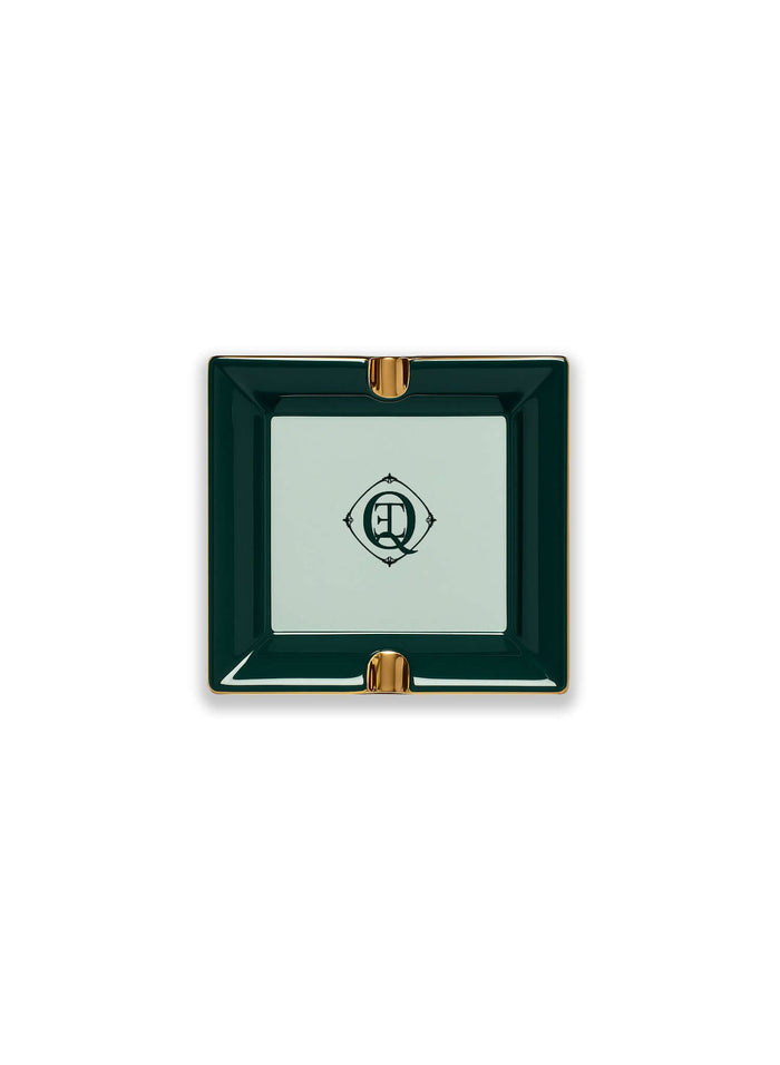 Monogram Gold Trim Ceramic Catchall Tray in green, a stylish ceramic catch all tray with a gold-trimmed rim.