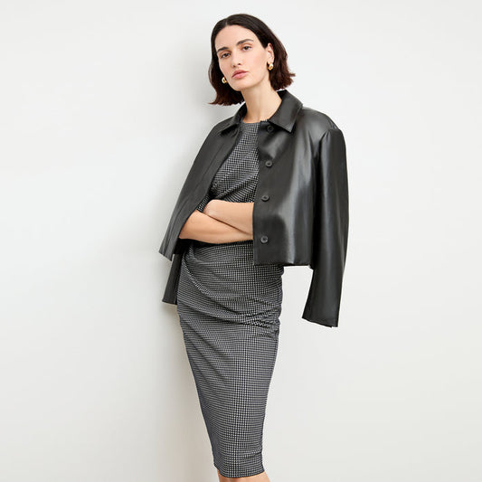 front image of a woman wearing the ciela dress in stretch houndstooth | Lead