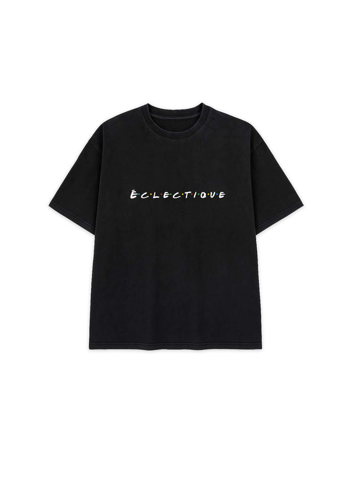 Classic Friends logo t-shirt featuring a relaxed boxy fit and ribbed crewneck on an acid-wash black heavyweight T-shirt.