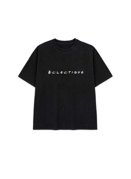 Classic Friends logo t-shirt featuring a relaxed boxy fit and ribbed crewneck on an acid-wash black heavyweight T-shirt.