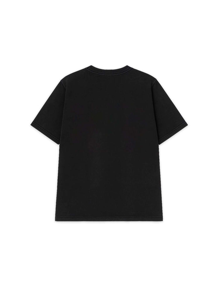 Back view of Classic Friends logo t-shirt, acid-wash black heavyweight cotton with relaxed boxy fit.