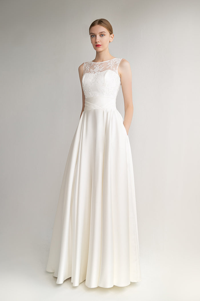 CLASSY SATIN BOAT NECK WEDDING DRESS FIONA