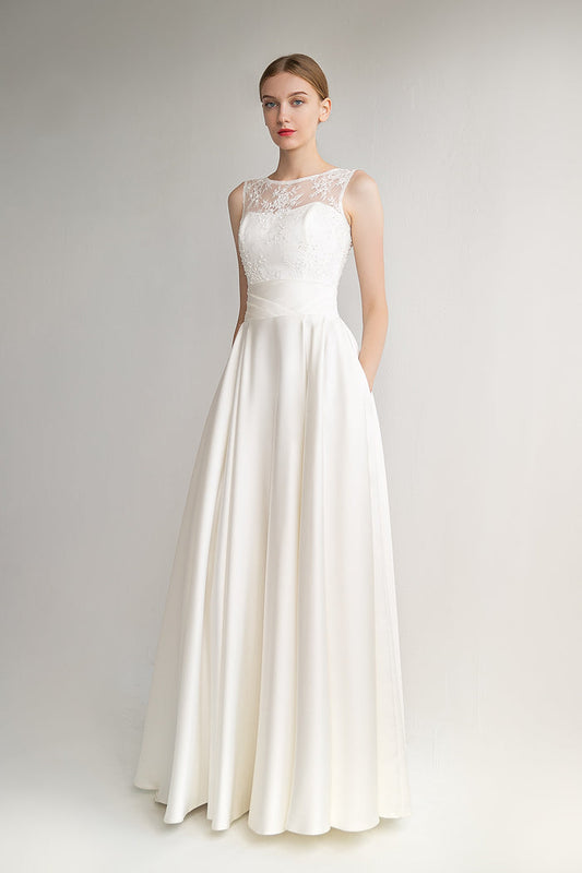 CLASSY SATIN BOAT NECK WEDDING DRESS FIONA