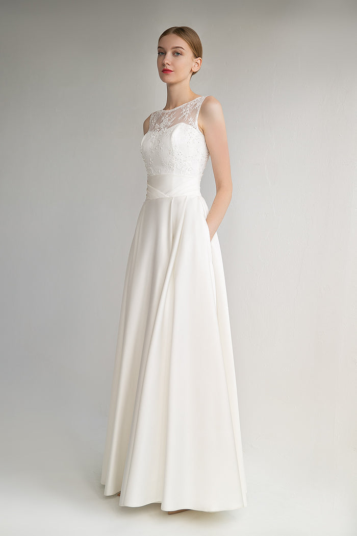 CLASSY SATIN BOAT NECK WEDDING DRESS FIONA