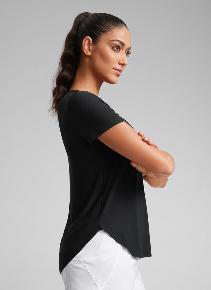 CRZ YOGA Women's Workout Lightweight Crewneck Short Sleeves Side Slit Black