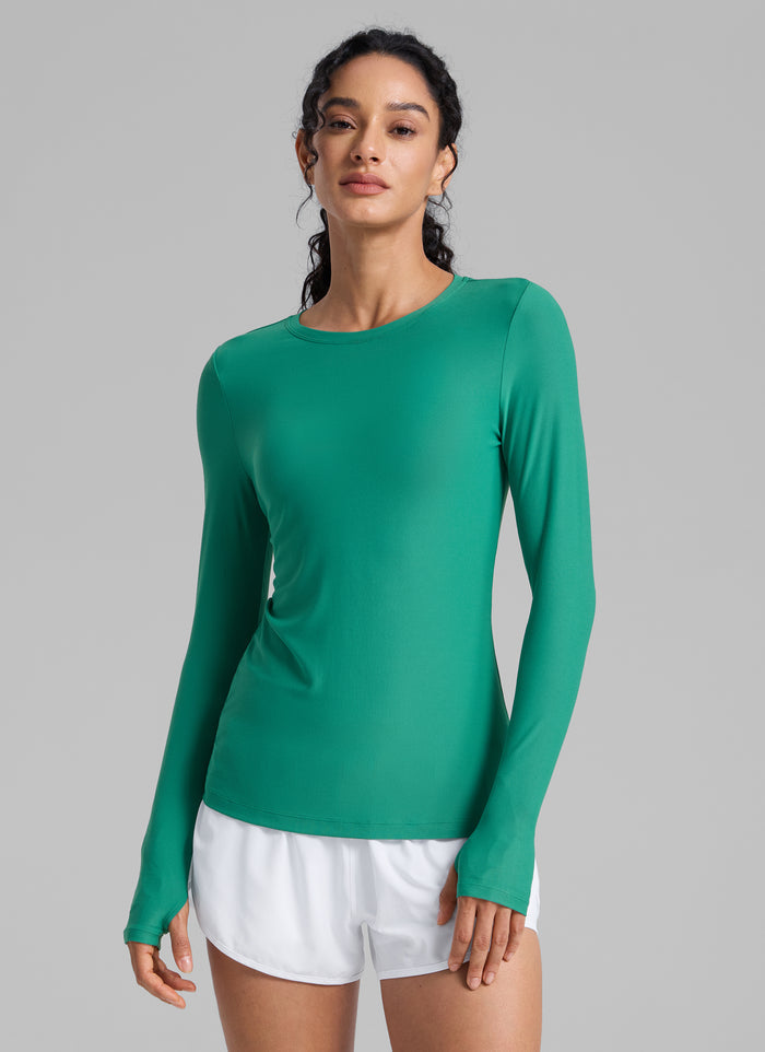 CRZYOGA Women's Cloudweight Workout Crewneck Long Sleeve Thumb Hole Cascadia Green