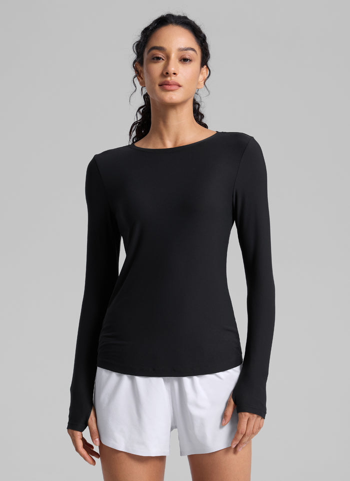 CRZYOGA Women's Cloudweight Workout Crewneck Long Sleeve Thumb Hole Black