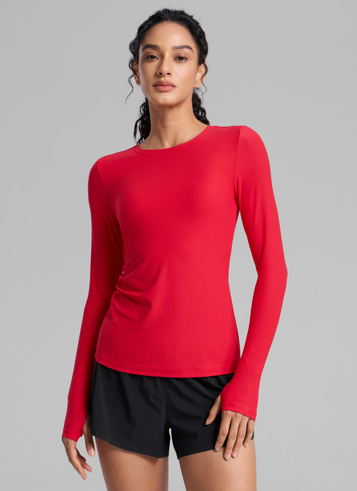 CRZYOGA Women's Cloudweight Workout Crewneck Long Sleeve Thumb Hole Aurora Red