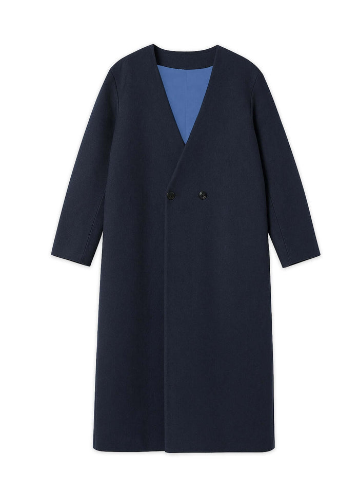 Kanso Collarless Long Coat in navy with clean lines and refined texture, showcasing minimal design.
