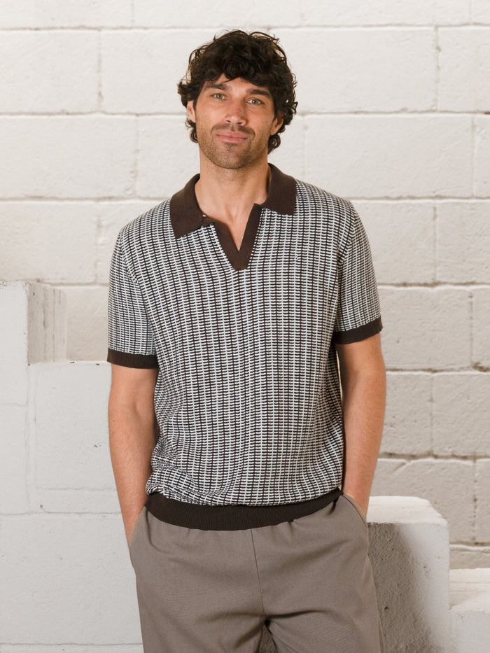 Conrad Knitted Stripe Polo Shirt - Dark Brown