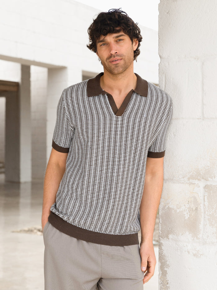 Conrad Knitted Stripe Polo Shirt - Dark Brown
