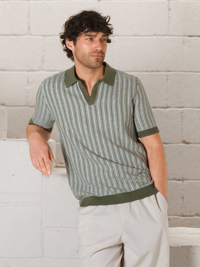 Conrad Knitted Stripe Polo Shirt - Green