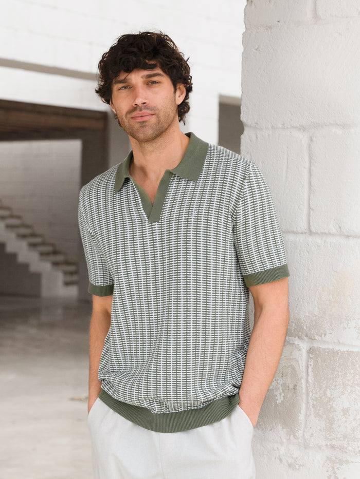 Conrad Knitted Stripe Polo Shirt - Green