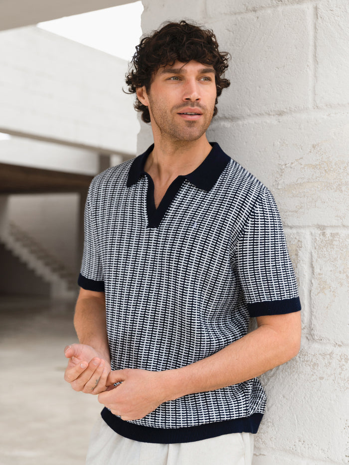 Conrad Knitted Stripe Polo Shirt - Navy