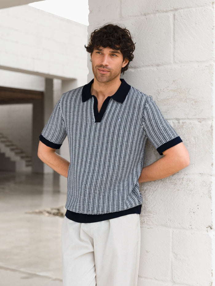 Conrad Knitted Stripe Polo Shirt - Navy