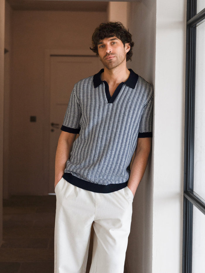 Conrad Knitted Stripe Polo Shirt - Navy
