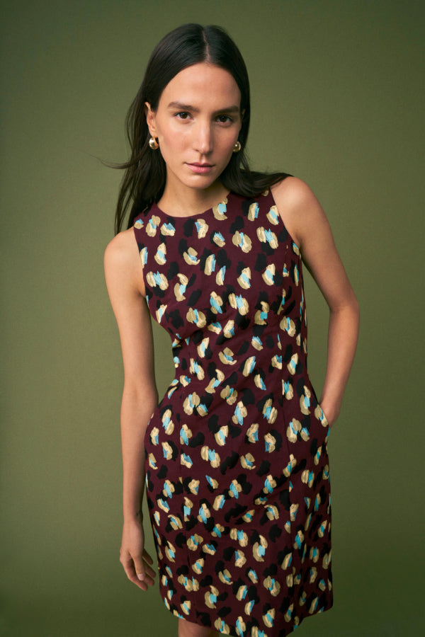 mood image of a woman wearing the constance dress in bengal jacquard | Exclude | ALT GRID