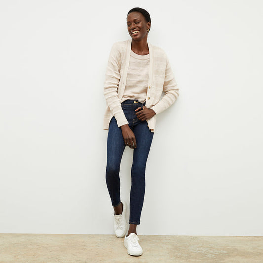 front image of a woman wearing the cookie cardigan in moonbeam | Lead