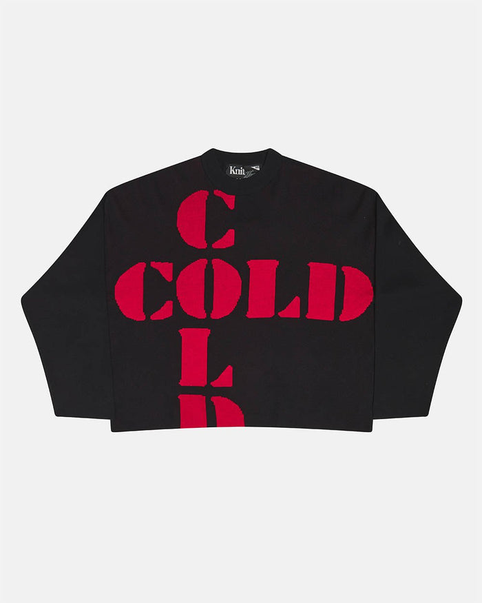 COOL COLD KNIT BLACK - black graphic print knit sweater, front view - Cold Culture