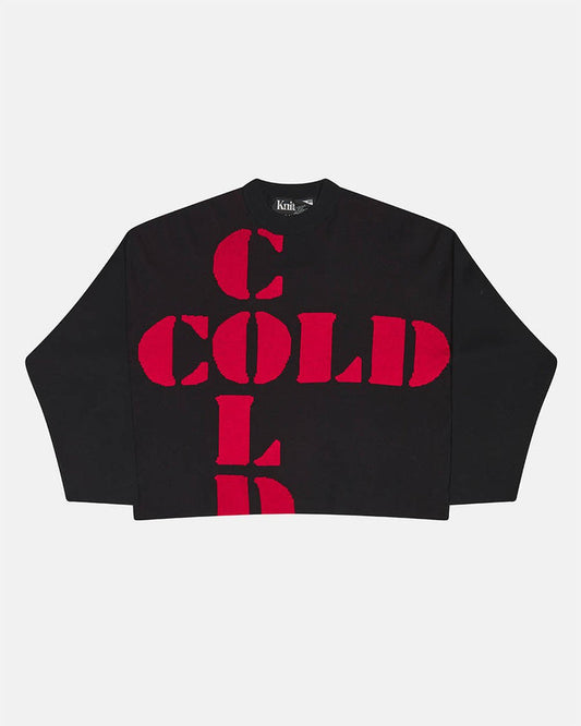COOL COLD KNIT BLACK - black graphic print knit sweater, front view - Cold Culture