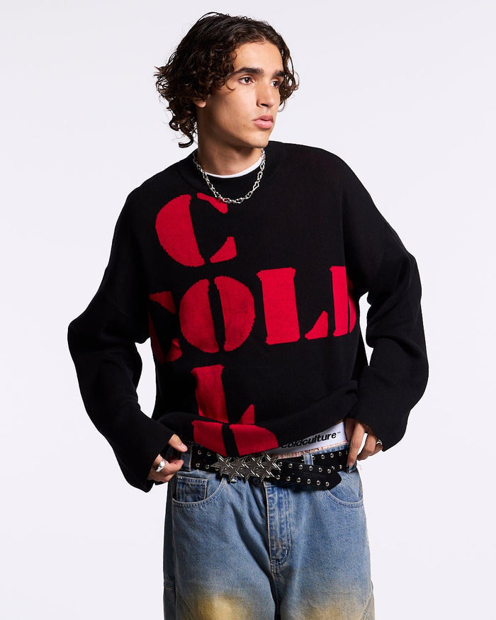COOL COLD KNIT BLACK - black graphic print knit sweater, front view on male model - Cold Culture #man