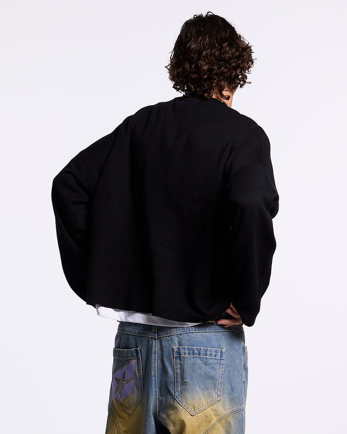 COOL COLD KNIT BLACK - black graphic print knit sweater, back view on male model - Cold Culture #man