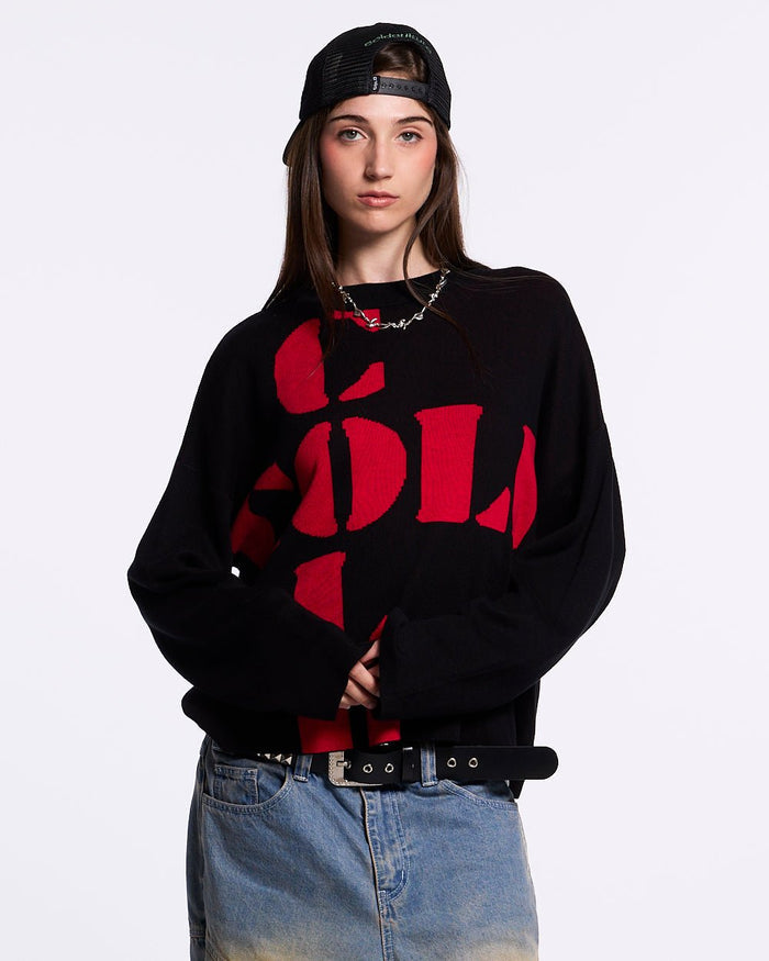 COOL COLD KNIT BLACK - black graphic print knit sweater, front view on female model - Cold Culture #woman