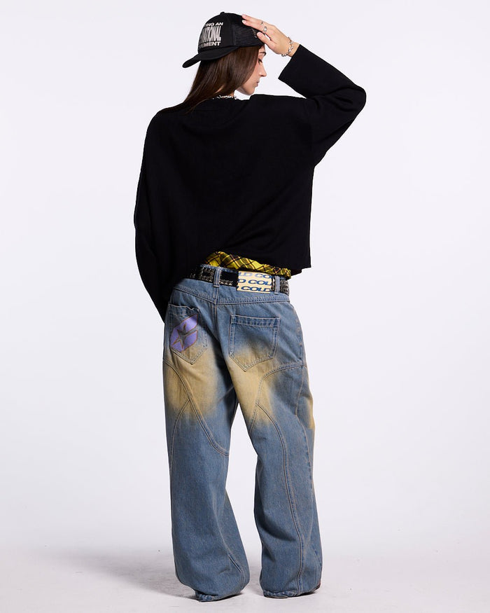 COOL COLD KNIT BLACK - black graphic print knit sweater, back view on female model - Cold Culture #woman