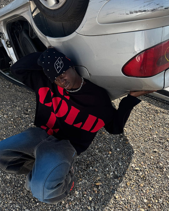 COOL COLD KNIT BLACK - black graphic print knit sweater, street style shot - Cold Culture