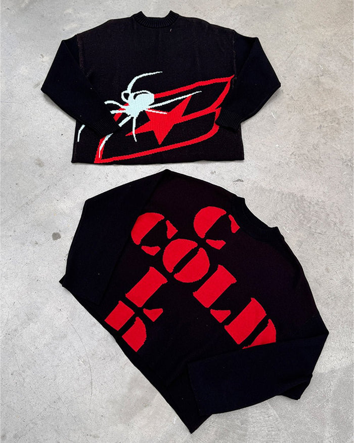 COOL COLD KNIT BLACK - black graphic print knit sweater, flat lay with matching pieces - Cold Culture