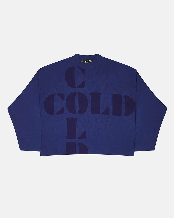 COOL COLD KNIT BLUE - blue graphic print knit sweater, front view - Cold Culture