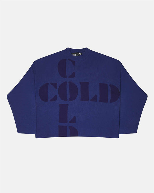 COOL COLD KNIT BLUE - blue graphic print knit sweater, front view - Cold Culture