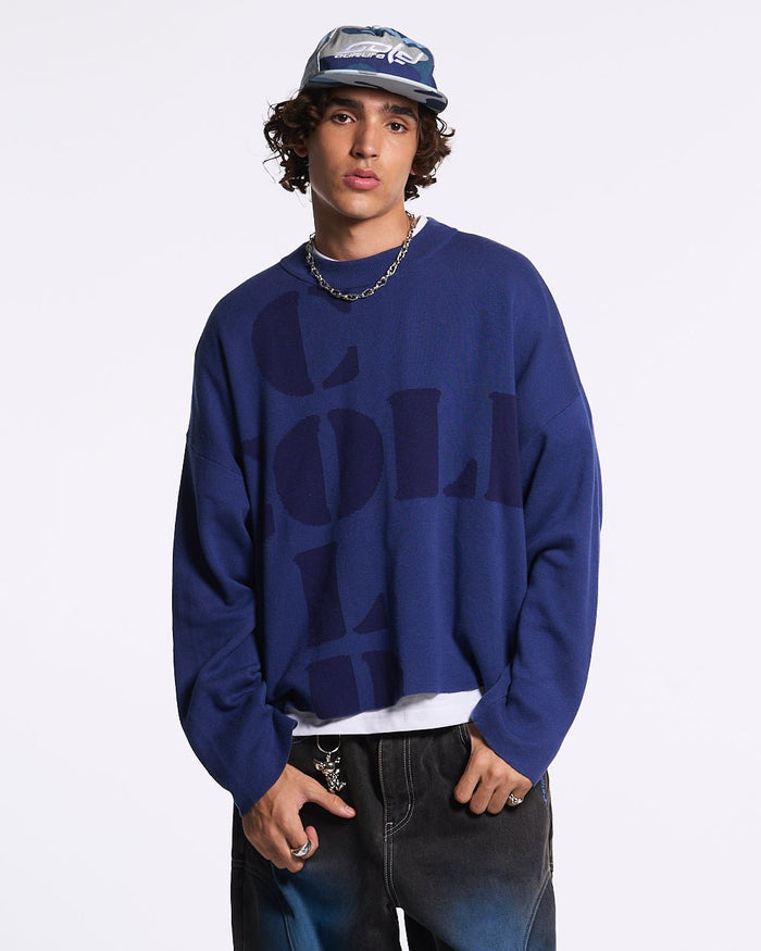 COOL COLD KNIT BLUE - blue graphic print knit sweater, front view on male model - Cold Culture #man