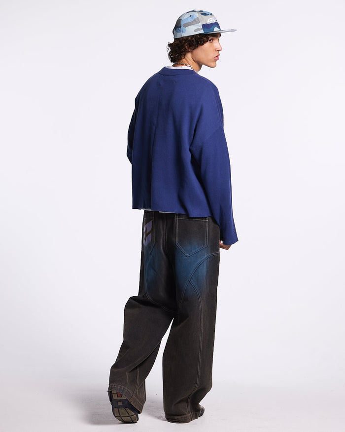 COOL COLD KNIT BLUE - blue graphic print knit sweater, back view on male model - Cold Culture #man