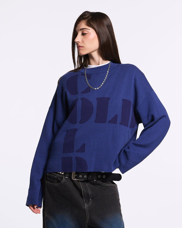 COOL COLD KNIT BLUE - blue graphic print knit sweater, front view on female model - Cold Culture #woman