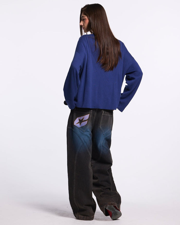 COOL COLD KNIT BLUE - blue graphic print knit sweater, back view on female model - Cold Culture #woman