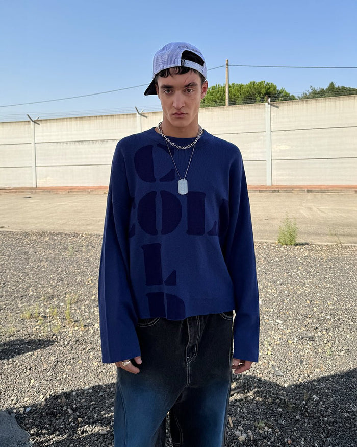COOL COLD KNIT BLUE - blue graphic print knit sweater, street style shot - Cold Culture