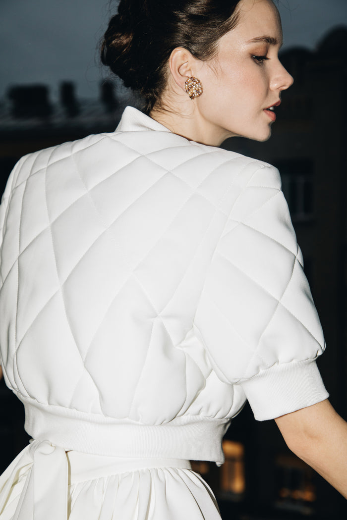 Crepe Bridal Bomber Jacket Teddy | Short Sleeve Wedding Cover-Up