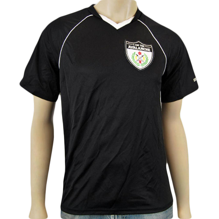A mannequin wears a black short-sleeve I Am The Avalanche soccer jersey with white trim and the team crest on the left chest, paired with blue jeans.