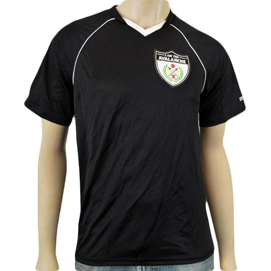 A mannequin wears a black short-sleeve I Am The Avalanche soccer jersey with white trim and the team crest on the left chest, paired with blue jeans.