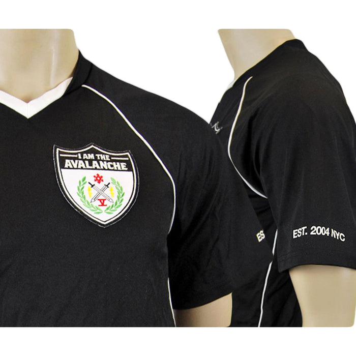 Two mannequins display a black sports jersey by I Am The Avalanche, featuring white piping, a chest crest with “I AM THE AVALANCHE,” and “EST. 2004 NYC” on the sleeve.