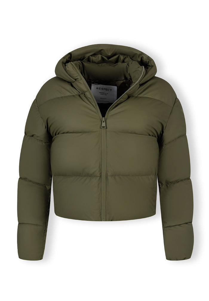 Women short khaki quilted jacket with hood, front view, features full-length zipper.